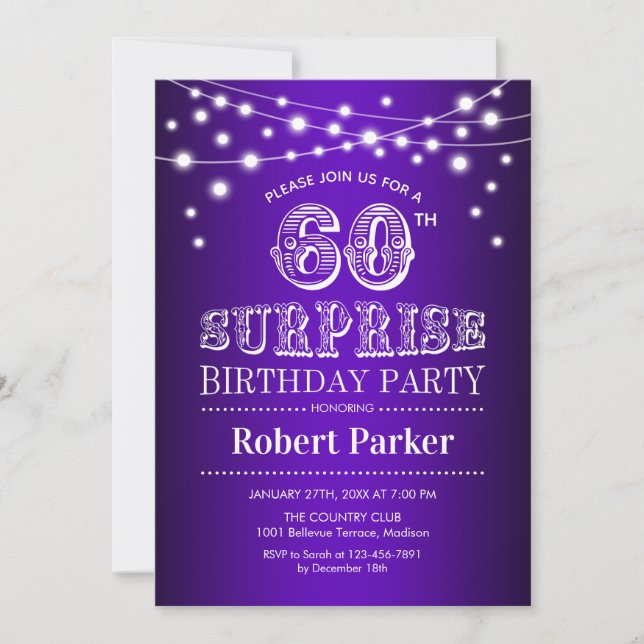 60th Surprise Birthday - Purple White Invitation (Front)
