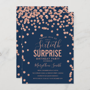 60th Surprise Birthday Rose Gold Navy Blue Invitation