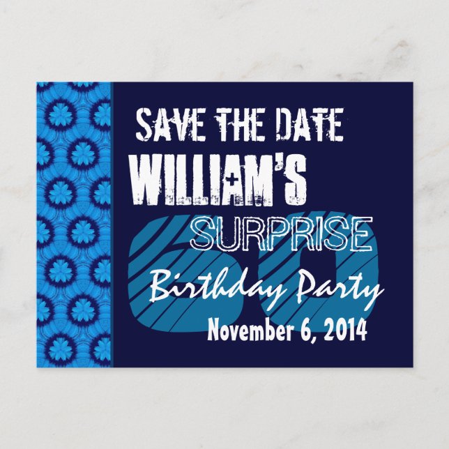 60th Surprise Birthday Save the Date Blue Pattern Announcement Postcard (Front)