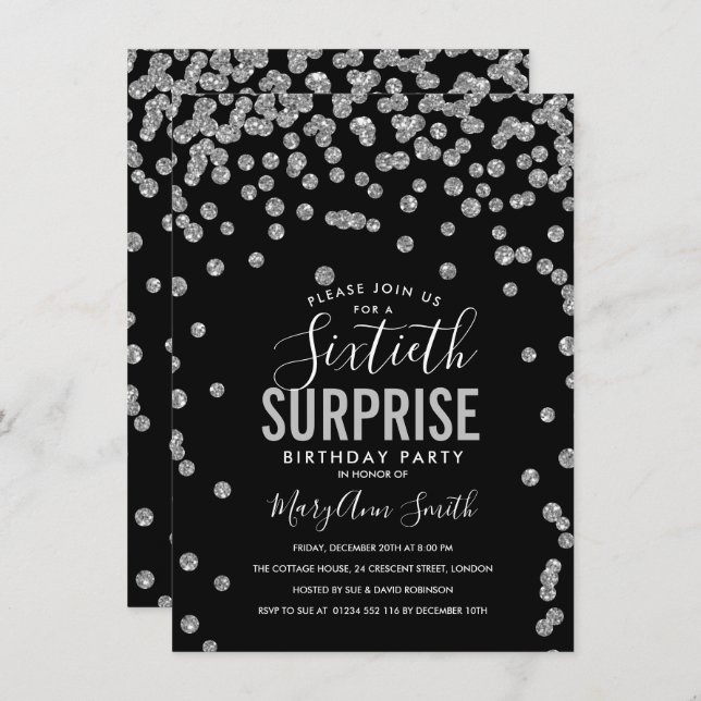 60th Surprise Birthday Silver Black Invitation (Front/Back)