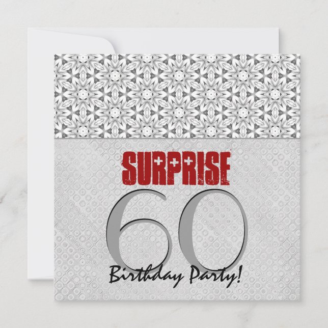 60th Surprise Birthday Silver Grey Red V10A Invitation (Front)