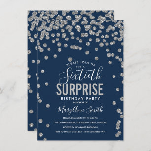 60th Surprise Birthday Silver Navy Blue Invitation