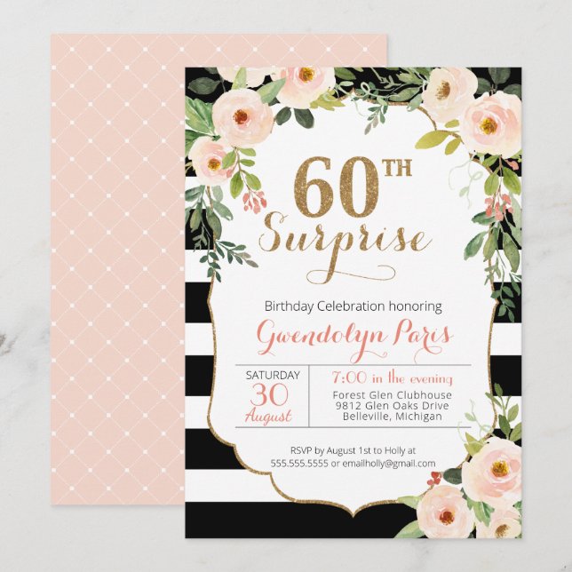 60th Surprise Black White Stripe Floral Birthday Invitation (Front/Back)