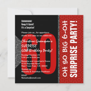 60th Surprise Diagonal Red Black and White Invitation