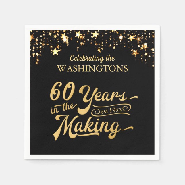 60th Wedding Anniversary Black and Gold Stars Napkin (Front)
