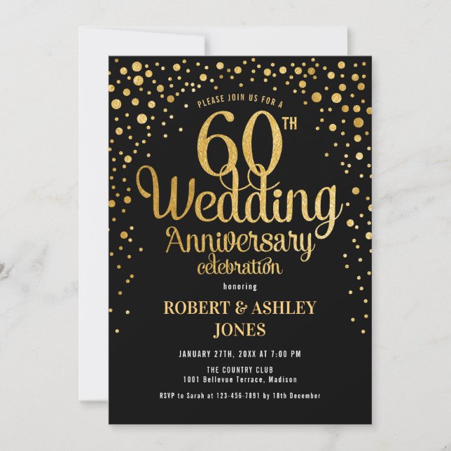 60th Wedding Anniversary - Black & Gold Invitation (Front)