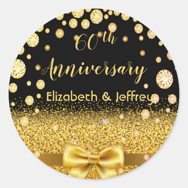 60th wedding anniversary black gold names classic round sticker (Front)