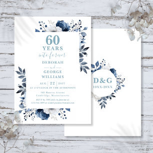 60th Wedding Anniversary Blue Floral Monogram Invitation