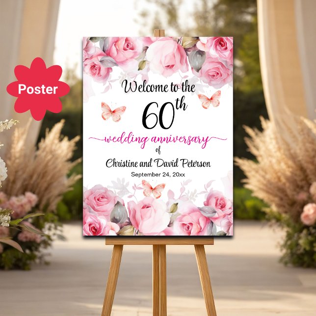 60th Wedding Anniversary Blush Roses Welcome Poster (Creator Uploaded)