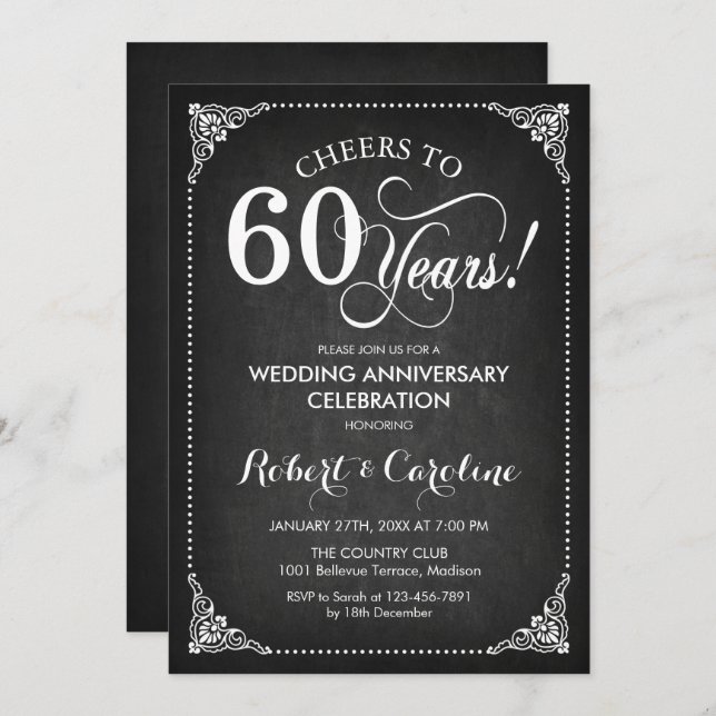 60th Wedding Anniversary - Chalkboard White Invitation (Front/Back)