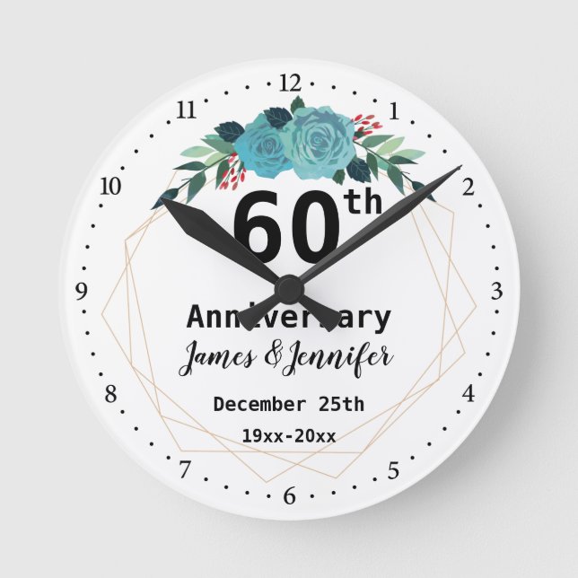 60th Wedding Anniversary Custom Names and Year Round Clock (Front)