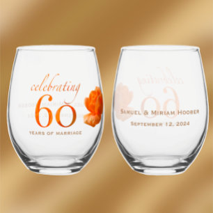 60th wedding anniversary customise peach rose gift stemless wine glass