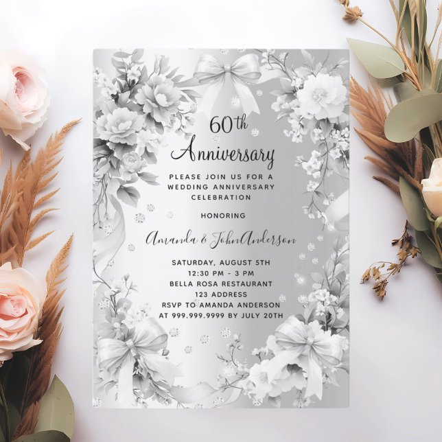 60th wedding anniversary diamond silver floral bow invitation (Creator Uploaded)