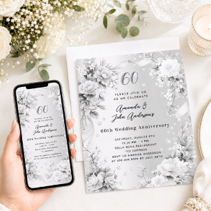 60th wedding anniversary diamond silver florals invitation