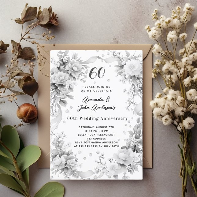 60th wedding anniversary diamond silver florals invitation (Creator Uploaded)