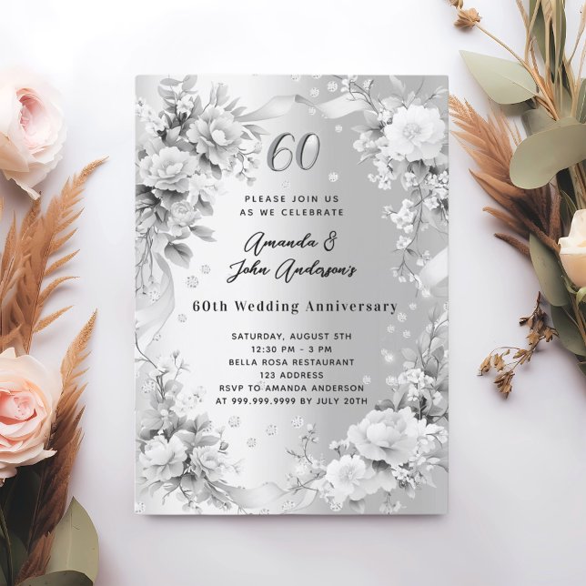 60th wedding anniversary diamond silver florals invitation (Creator Uploaded)