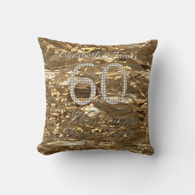 60th Wedding Anniversary Diamond Wedding Gold Chic Cushion (Front)