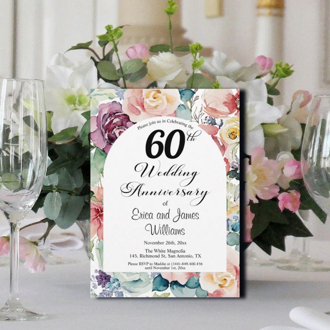 60th Wedding Anniversary Elegant Script Floral Invitation (Creator Uploaded)
