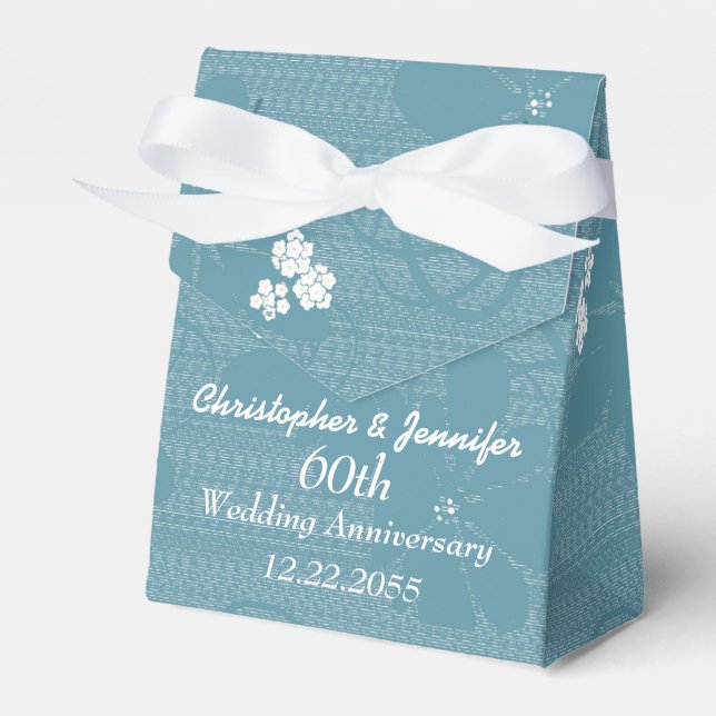 60th Wedding Anniversary Favour Box, Blue Floral Favour Box (Front Side)