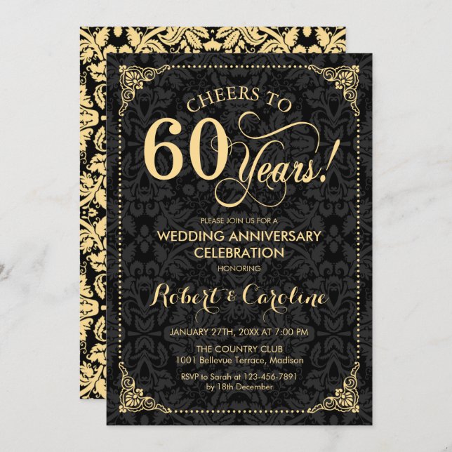 60th Wedding Anniversary - Gold Black Damask Invitation (Front/Back)