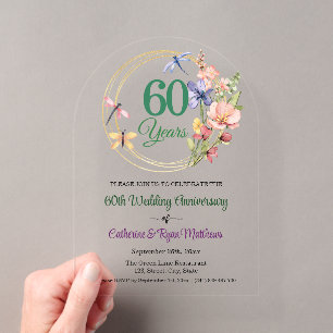 60th Wedding Anniversary Gold Frame Floral Acrylic Invitations