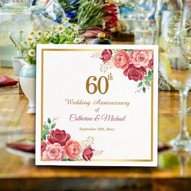 60th Wedding Anniversary Gold Frame Floral Napkin (Creator Uploaded)