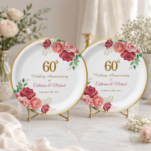 60th Wedding Anniversary Gold Frame Floral Paper Plate