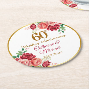 60th Wedding Anniversary Gold Frame Floral Round Paper Coaster