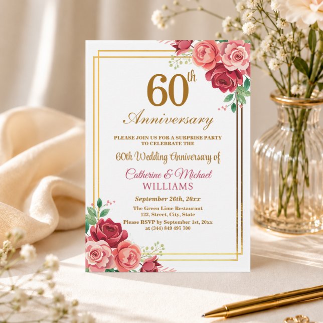 60th Wedding Anniversary Gold Frame Surprise Party Invitation (Creator Uploaded)