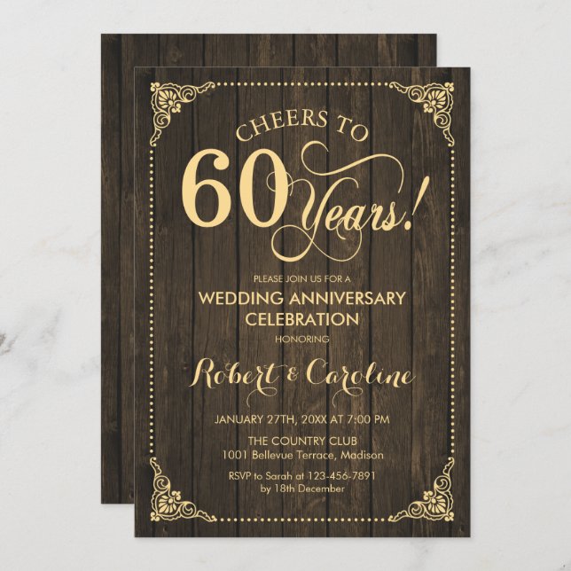 60th Wedding Anniversary - Gold Wood Invitation (Front/Back)