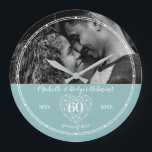 60th Wedding Anniversary heart diamond  Large Clock<br><div class="desc">Simple outline heart stone effect line art graphics blue-grey green and white add your own photo 60th Diamond Wedding Anniversary clock. Customise with your own 55th-anniversary couple's name, year of their wedding, and year of anniversary, plus add a landscape photograph of your anniversary couple. The fifty-fifth wedding anniversary is associated...</div>