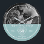 60th Wedding Anniversary heart diamond Large Clock<br><div class="desc">Simple outline heart stone effect line art graphics blue-grey green and white add your own photo 60th Diamond Wedding Anniversary clock. Customise with your own 55th-anniversary couple's name, year of their wedding, and year of anniversary, plus add a landscape photograph of your anniversary couple. The fifty-fifth wedding anniversary is associated...</div>