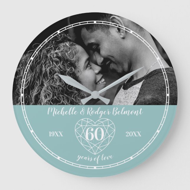 60th Wedding Anniversary heart diamond  Large Clock (Front)