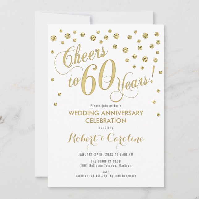 60th Wedding Anniversary Invitation - Gold & White (Front)