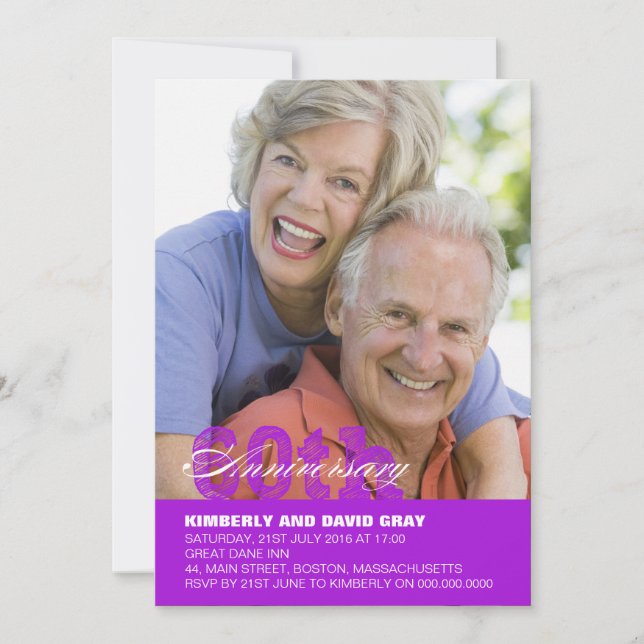 60th Wedding Anniversary Invitation in Purple (Front)