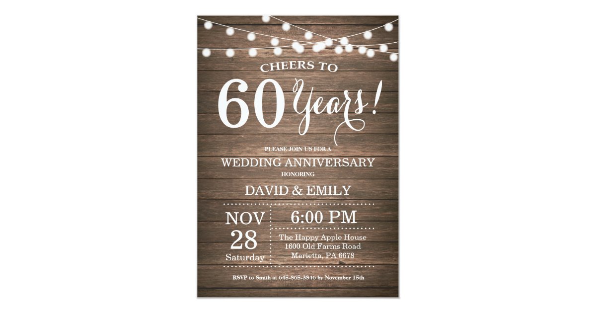 60th Wedding Anniversary Invitation Rustic Wood | Zazzle.com.au