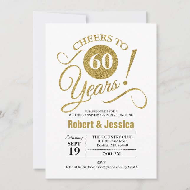 60th Wedding Anniversary Party - Gold White Invitation (Front)
