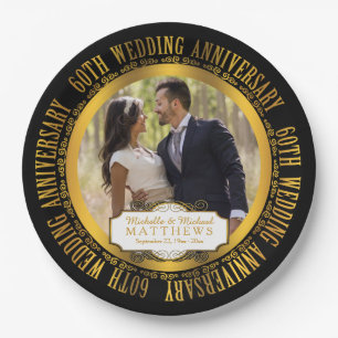 60th Wedding Anniversary Photo Black   Gold Tone Paper Plate