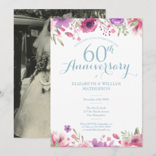 60th Wedding Anniversary Photo Watercolor Roses Invitation