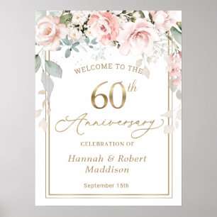 60th Wedding Anniversary Pink Roses Foliage Poster