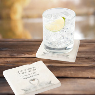 60th wedding anniversary romantic white swans stone coaster