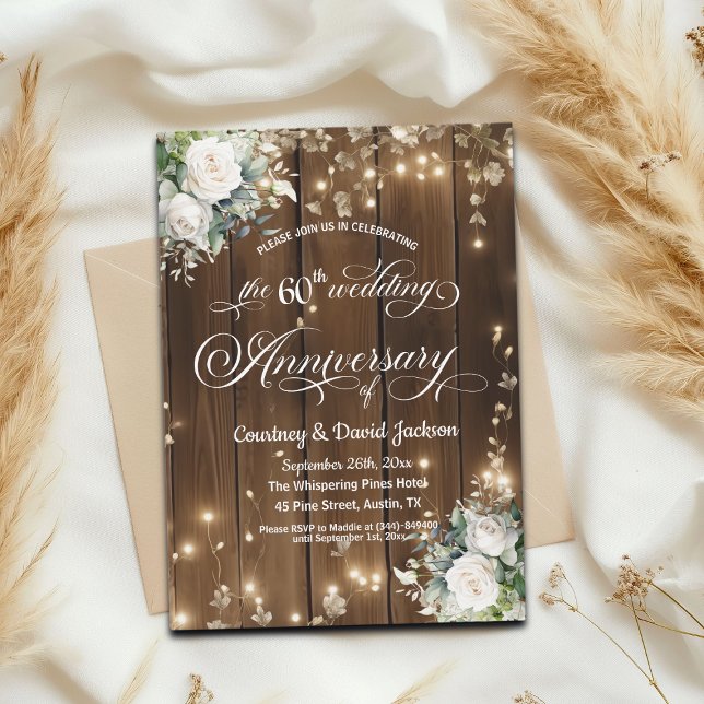 60th Wedding Anniversary Rustic String Lights  Invitation (Creator Uploaded)