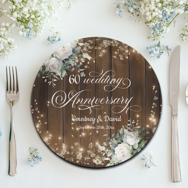 60th Wedding Anniversary Rustic String Lights  Paper Plate (Creator Uploaded)