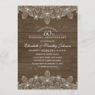 60th Wedding Anniversary Rustic Wood Country Lace Invitation