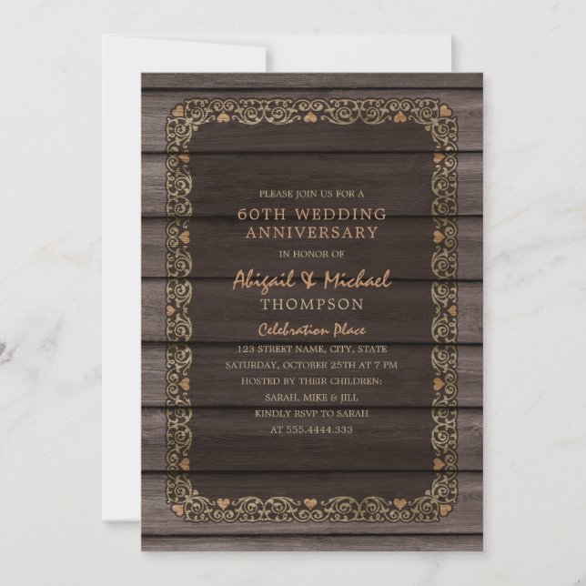 60th Wedding Anniversary Rustic Wood Country Party Invitation (Front)