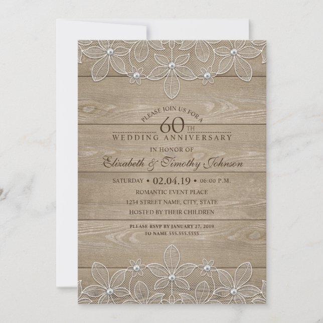 60th Wedding Anniversary Rustic Wood Vintage Lace Invitation (Front)