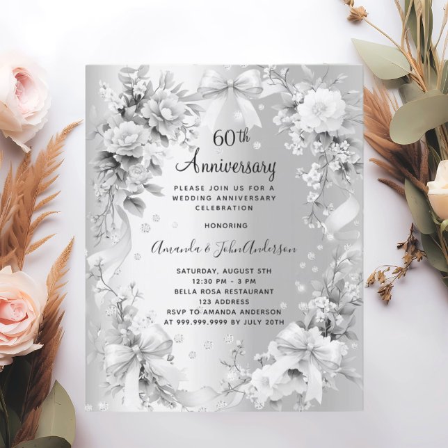 60th wedding anniversary silver floral invitation (Creator Uploaded)