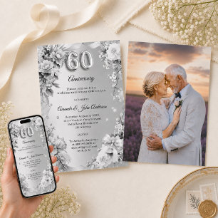 60th wedding anniversary silver florals bows photo invitation
