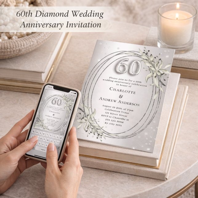 60th wedding anniversary silver greenery diamonds invitation (Creator Uploaded)