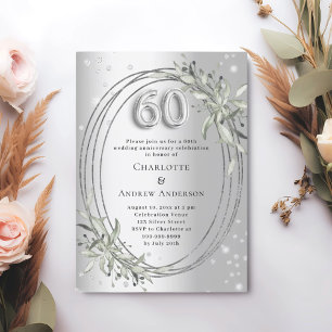60th wedding anniversary silver greenery diamonds invitation